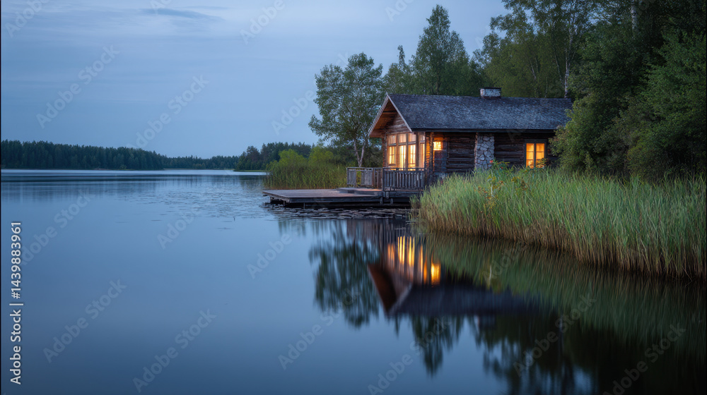 Serene cabin by the lakeside at dusk with reflections on calm water in a tranquil natural setting Serene cabin by the lakeside at dusk with reflections on calm water in a tranquil natural setting