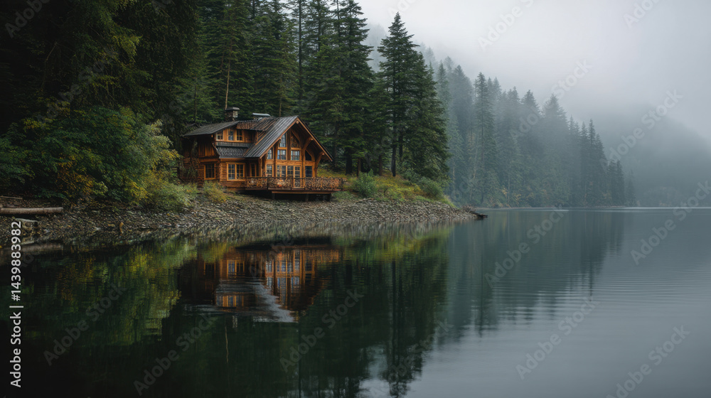 Fototapeta premium Serene lakefront cabin surrounded by dense forest and fog in early morning light