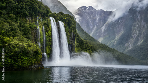 Majestic Waterfall in Misty Mountains: A Breathtaking Landscape