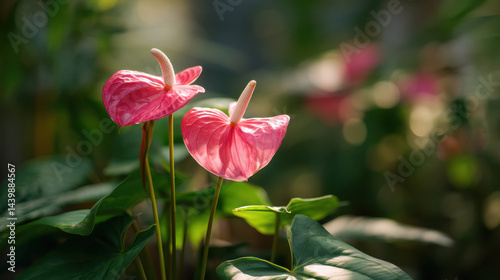 Pink Anthurium flowers bloom beautifully in a lush garden setting during golden hour