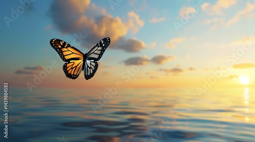 Butterfly Illustration Light Blue Background: Butterfly Flying Over the Ocean at Sunset - 3D Render