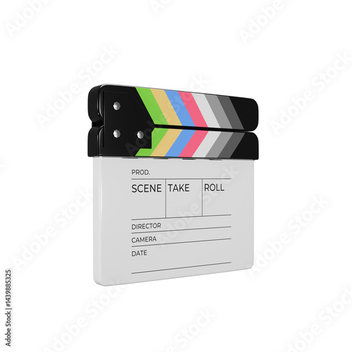 Perspective 3d icon render of white clapperboard illustration