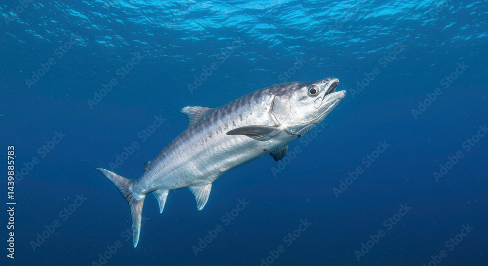 Fototapeta premium Barracuda swimming gracefully in deep blue ocean waters, showcasing marine beauty