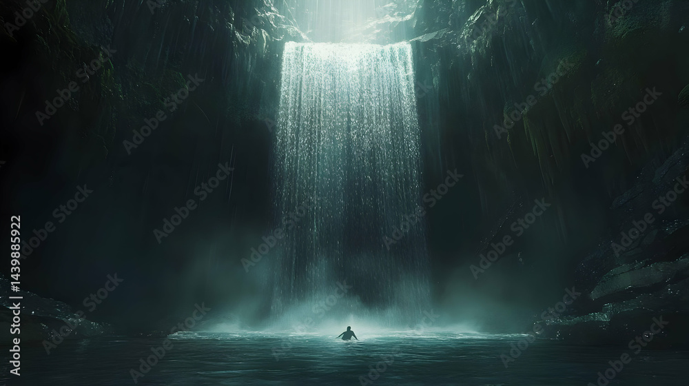Fototapeta premium Enigmatic Waterfall: A Person Bathed in the Mystical Glow of a Hidden Waterfall