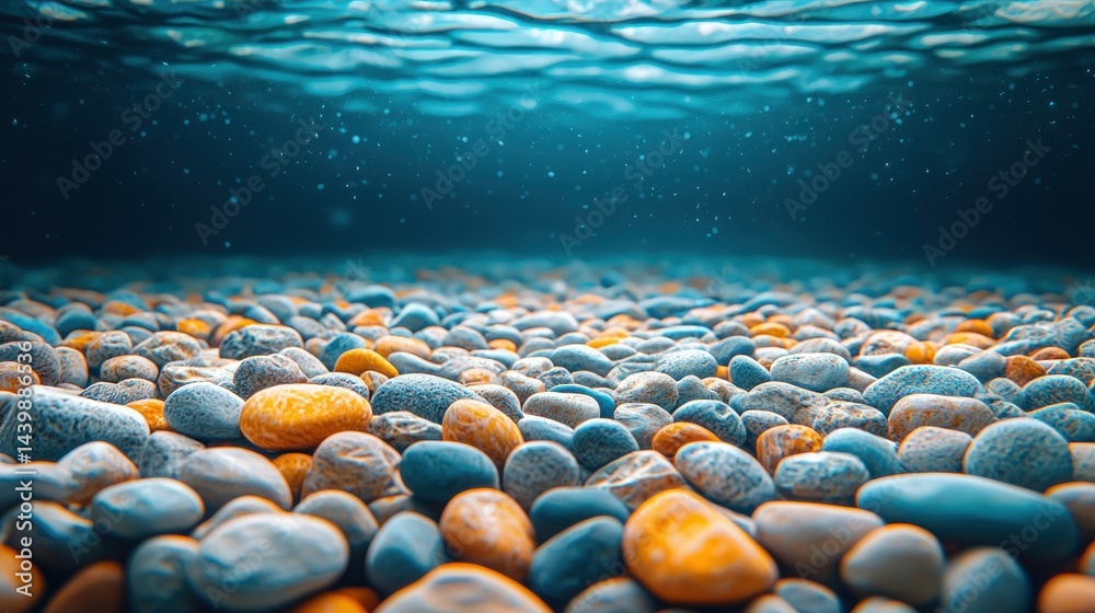 Fototapeta premium Underwater pebbles blue water, sunlit pebbles