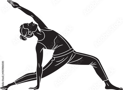 Woman Practicing Extended Side Angle Yoga Pose Black Silhouette Illustration