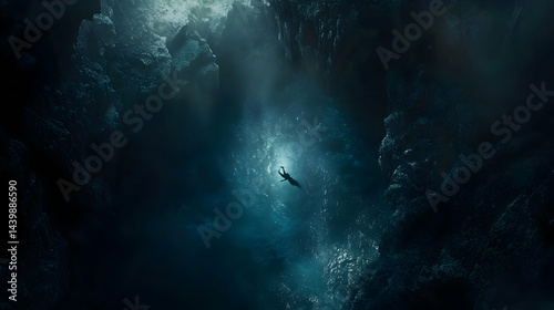 Enigmatic Dive into the Abyss: Exploring a Dark Underwater Cave photo
