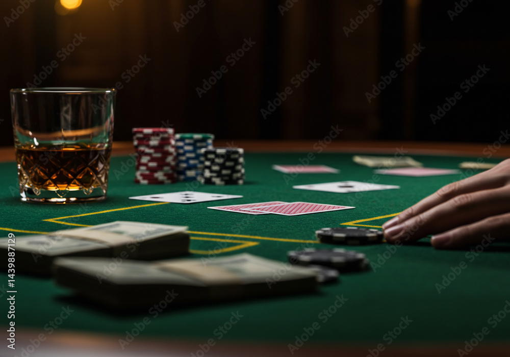 Poker game with cards, chips, and money on a green felt table, with a glass of whiskey. Gambling and entertainment concept. Poker game with cards, chips, and money on a green felt table, with a glass of whiskey. Gambling and entertainment concept.