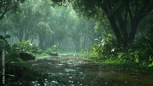 Enchanted Rainforest: A Serene Landscape of Lush Greenery Under the Summer Rain