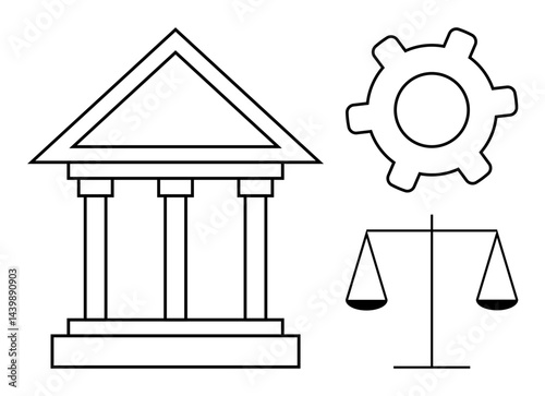 Courthouse facade with columns, gear for systems or processes, and balance scale for justice. Ideal for law, governance, structure, justice, decision-making efficiency fairness. Flat simple