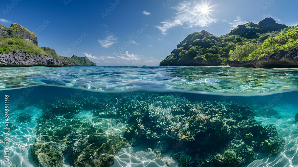 Fototapeta premium Tropical Island Paradise: Stunning Ocean and Coral Reef View