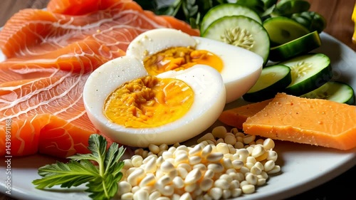 Fresh Salmon and Egg Dish with Vegetables and Grains  