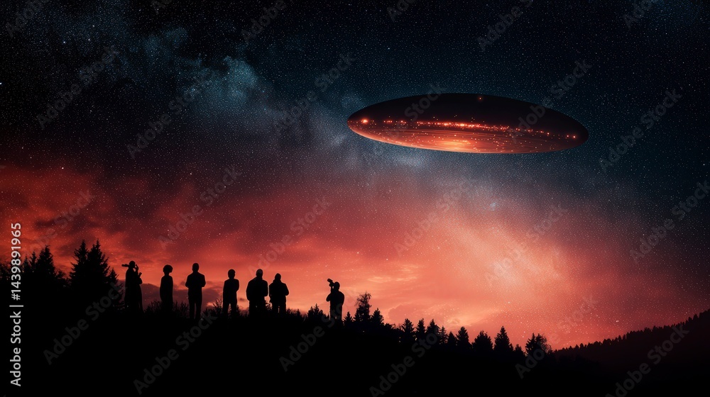 Fototapeta premium Group of People Gathered at an Observatory Under a Starry Sky with Mysterious Object Above