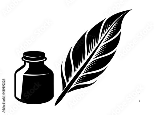 Classic Quill and Ink Bottle Silhouette Vector Illustration