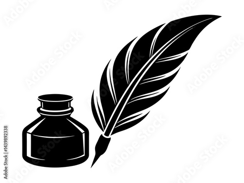 Antique Quill Pen and Ink Pot Silhouette Vector Illustration