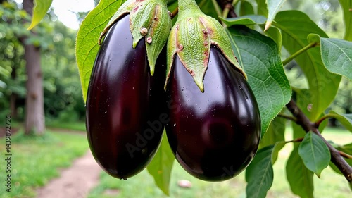 Fresh eggplants growing on a plant in a lush garden  