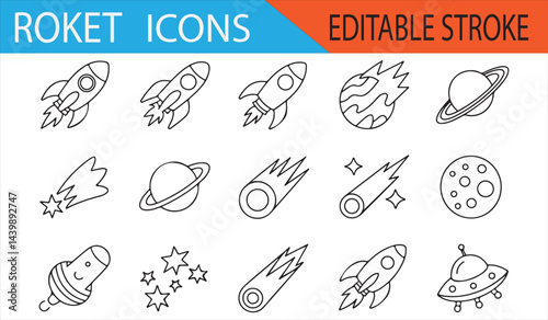 Rocket and Planet Icons Set for Cosmic, Space, and Science-Themed Branding