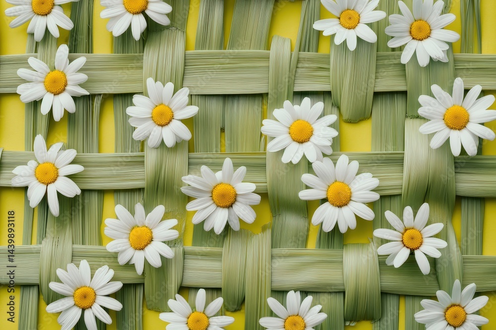 Fototapeta premium Floral design with yellow background and green interwoven lines.