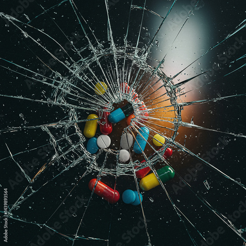 Dramatic 4K Close-Up of Broken Glass with Scattered Pills and Bright Reflections – Cinematic Photorealistic Concept