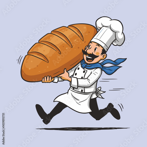 Cartoon baker running with a large loaf of bread wearing a chef's hat and a blue neck scarf