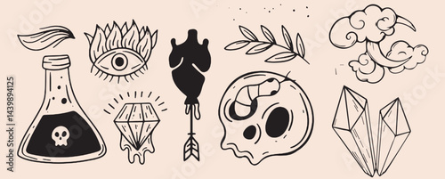 Hand-drawn vintage mystical and magic symbols illustration