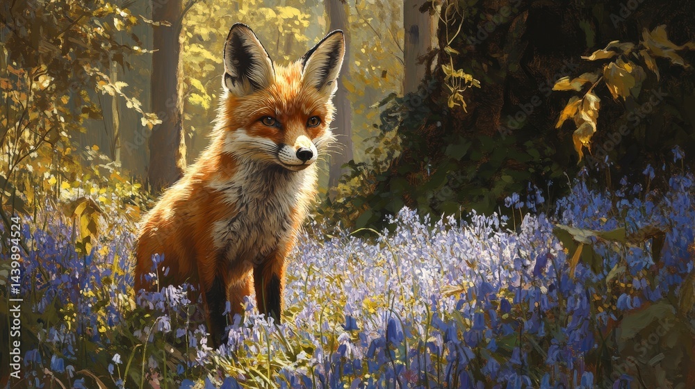 Obraz premium Curious Red Fox Peeking Through Bluebells in a Sunlit Forest Scene with Gentle Lighting and Vibrant Colors