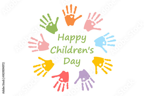 Happy Children's Day. Colorful Baby Handprints Circle with Heart Shapes for Happy Children's Day Celebration. Cute Kids Art Symbol of Love, Joy, Childhood, Care, Diversity and Family Fun