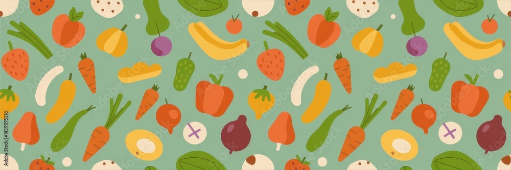 Colorful,  repeating pattern of various fruits and vegetables