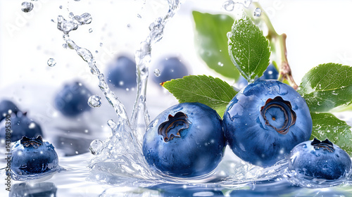 Fresh blueberries splashing in water, surrounded by green leaves, create vibrant and refreshing scene