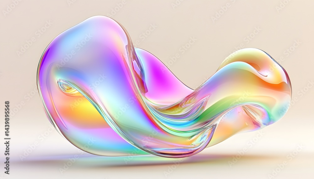 A translucent swirling iridescent abstract sculpture floating on a surface