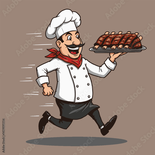 Cartoon chef running with ribs on a tray against a brown background in a vector illustration
