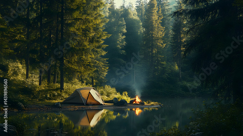 Camping by the Lake in a Tranquil Forest: A Serene Nature Escape