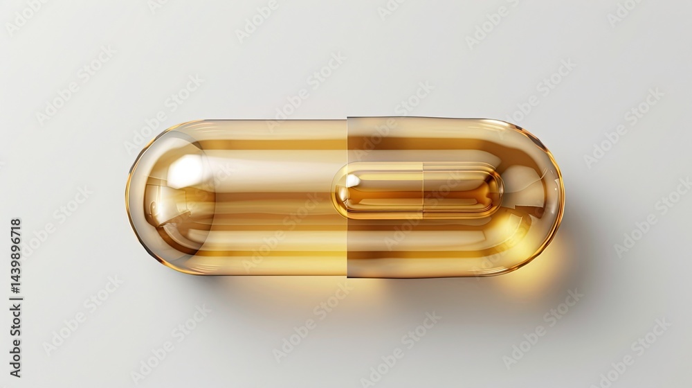 Naklejka premium Golden Soft Gel Capsule Filled with Liquid Supplement on Transparent Background 