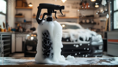 Wallpaper Mural Black car wash spray bottle covered in white foamy suds Torontodigital.ca