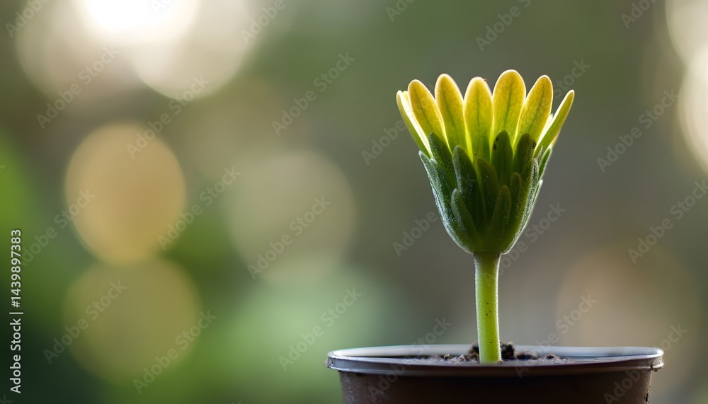 A young budding flower sits in a small decorative pot