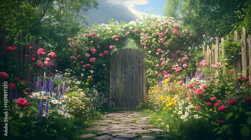 Serene Garden Path: A Walk Through Blooming Roses and Wildflowers