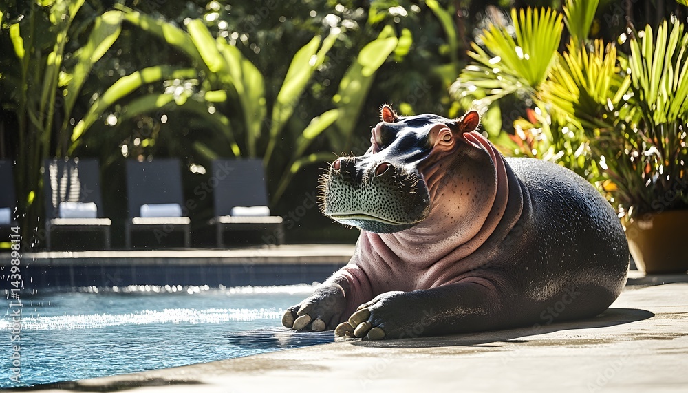 A hippopotamus relaxes near a swimming pool on a sunny afternoon
