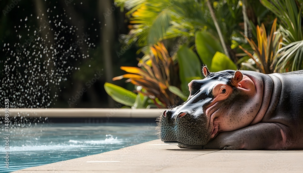 A hippo resting beside a pool with water splashing near it