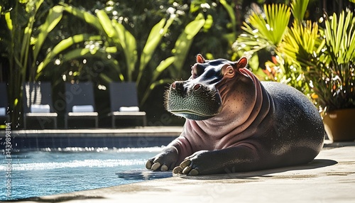 Obraz na płótnie A hippopotamus relaxes near a swimming pool on a sunny afternoon w salonie