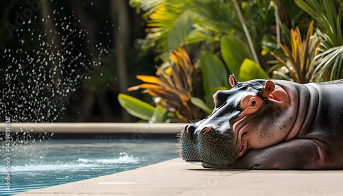 A hippo resting beside a pool with water splashing near it