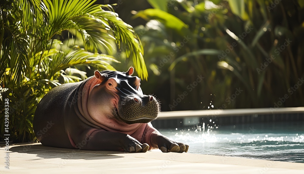 A hippopotamus reclines near a pool in a lush tropical environment