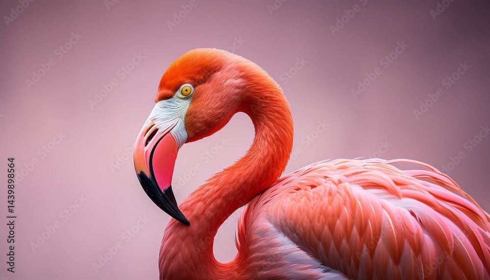 Obraz premium A vibrant pink flamingo stands gracefully against a soft, blurred background, showcasing its striking feathers and curved beak.