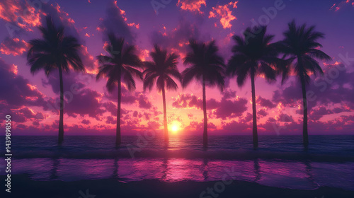 Vibrant Sunset over Tropical Beach with Palm Trees