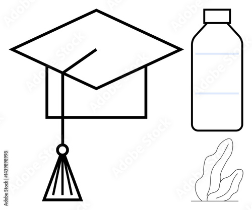 Graduation cap with tassel next to a water bottle and abstract plant element. Ideal for education, sustainability, eco-friendly practices, knowledge, student life, wellness, simple landing page