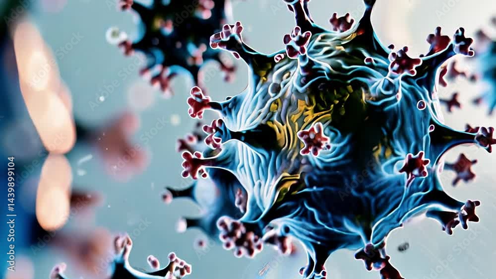 Close-up of virus cells with spikes in a blue and pink abstract background.