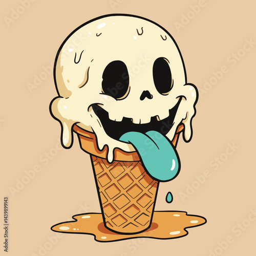 A cartoon illustration of a skull shaped ice cream cone with a blue tongue sticking out and melting
