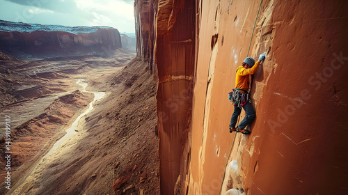 Climber scaling a dramatic red rock canyon wall An adventurous journey into the heart of a breathtaking desert landscape