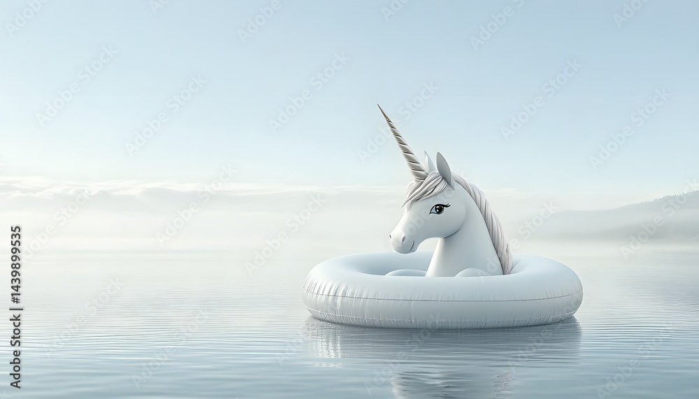 A white unicorn floating on the water in an inner tube