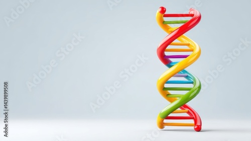 Colorful dna model with helix surrounding microscope on gray background representing genetics and molecular biology concepts
