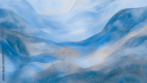 An abstract watercolor painting in classic blue, featuring gentle ripples and fluid waves, blue water background
